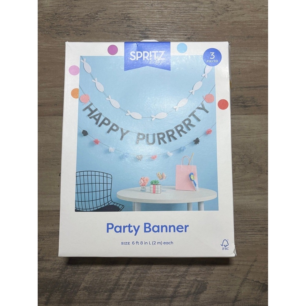 NIB Spritz Party Banner Silver Happy Purrrrty Cat Theme 3pc Set